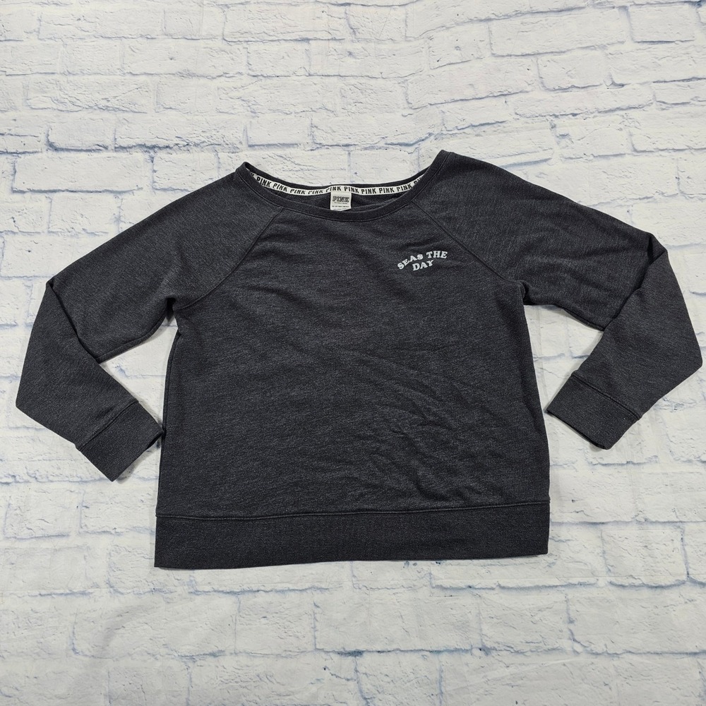 PINK Victoria's Secret Sweatshirt WOMENS XS Gray Seas The Day Raglan Graphic